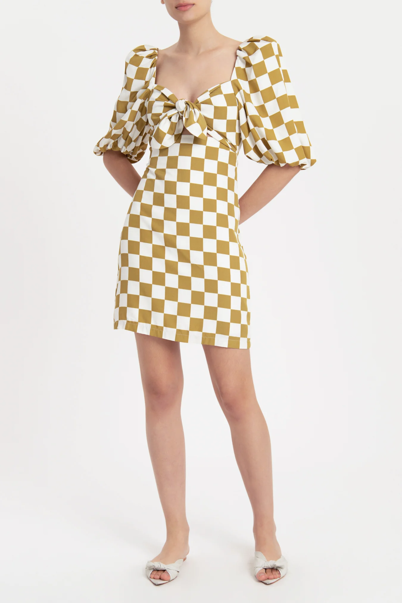 Carre Vintage Puff-Sleeved Short Dress With Knot