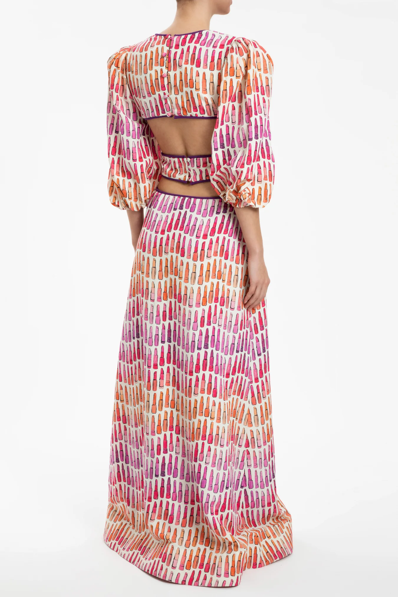 Lipstick Puff-Sleeved Long Dress With Bows - Image 2