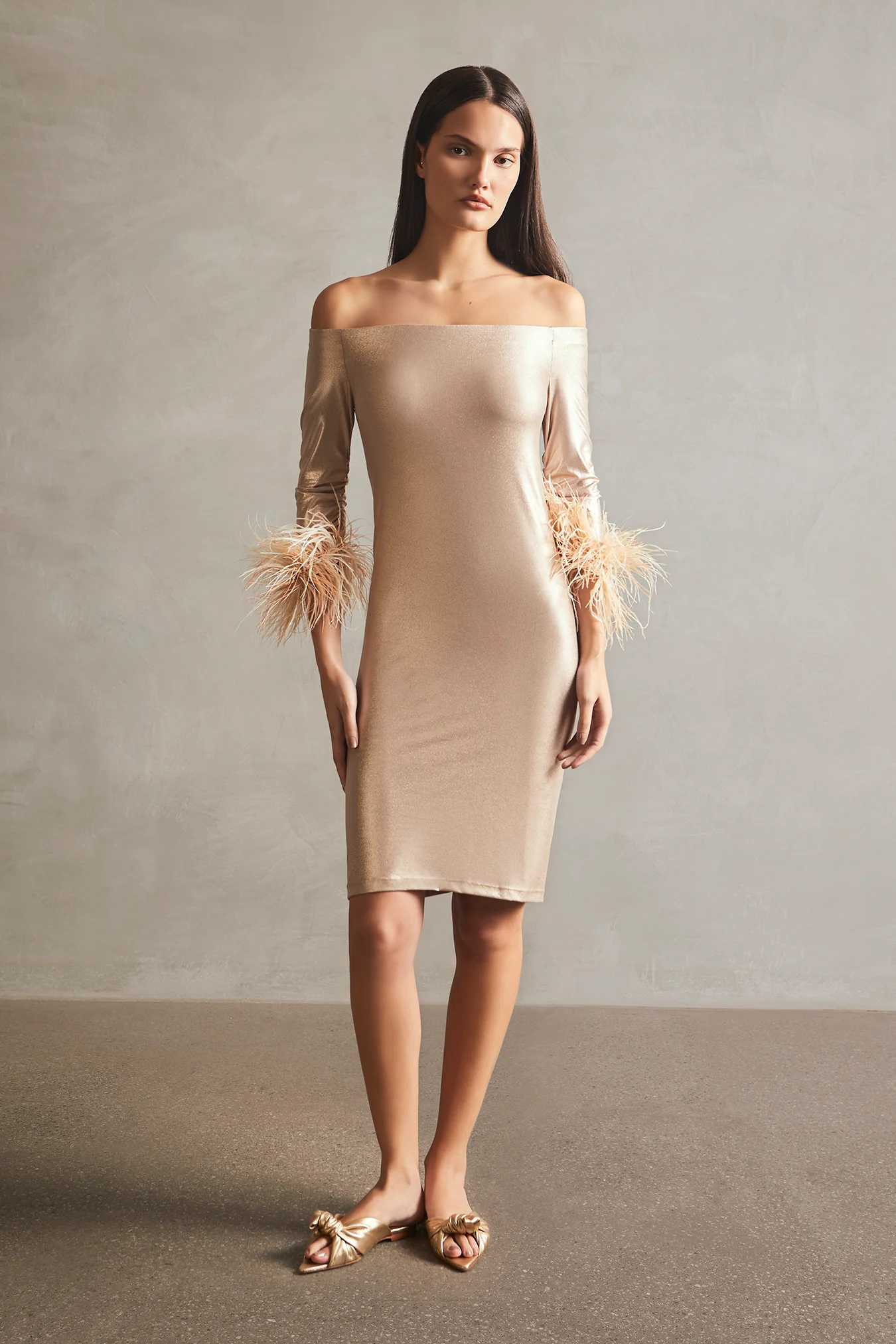 Metallic Off-The-Shoulder Short Dress With Feathers - Image 2