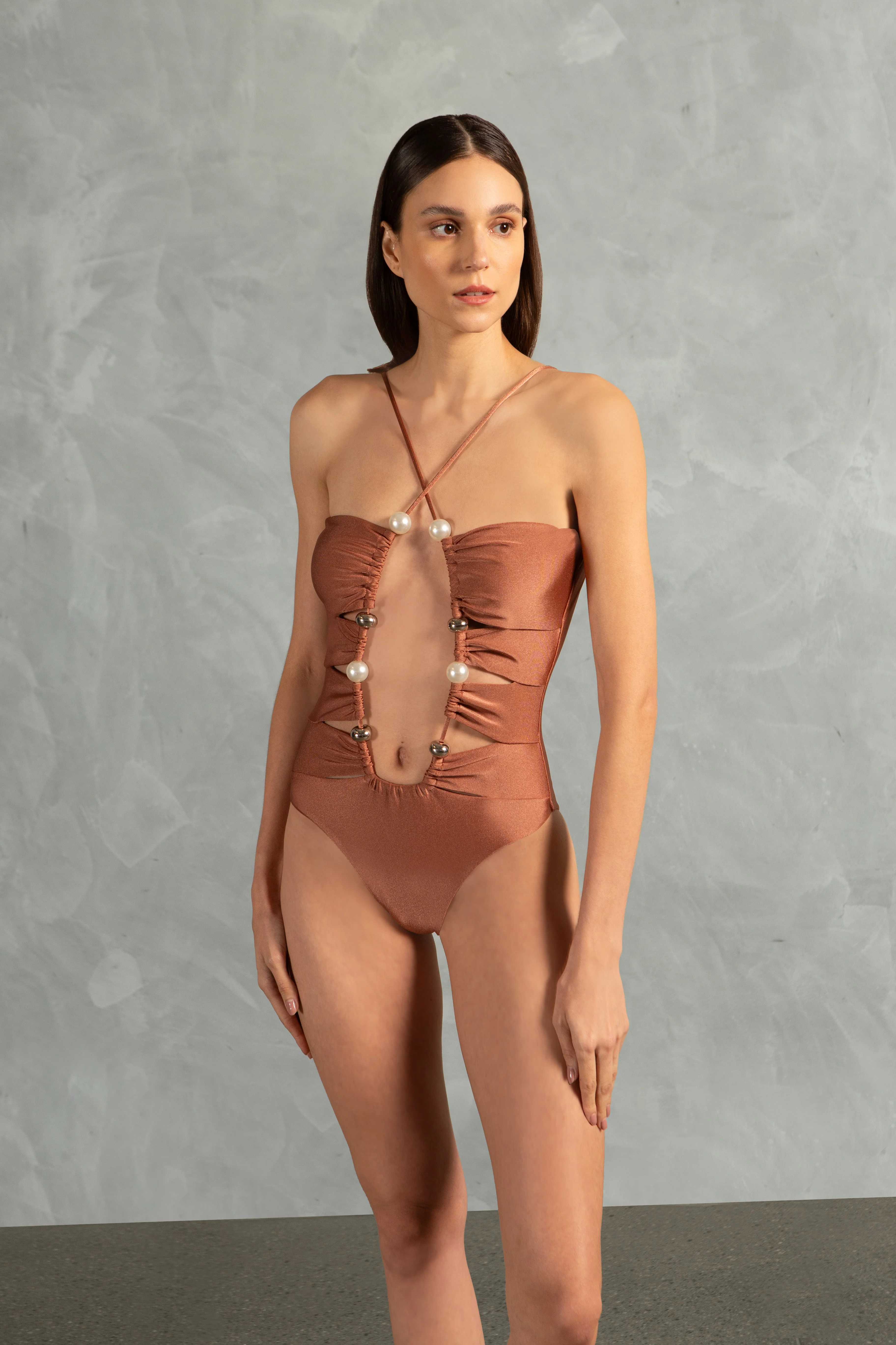 Oysters Solid Cut-Out Swimsuit With Pearls - Image 2