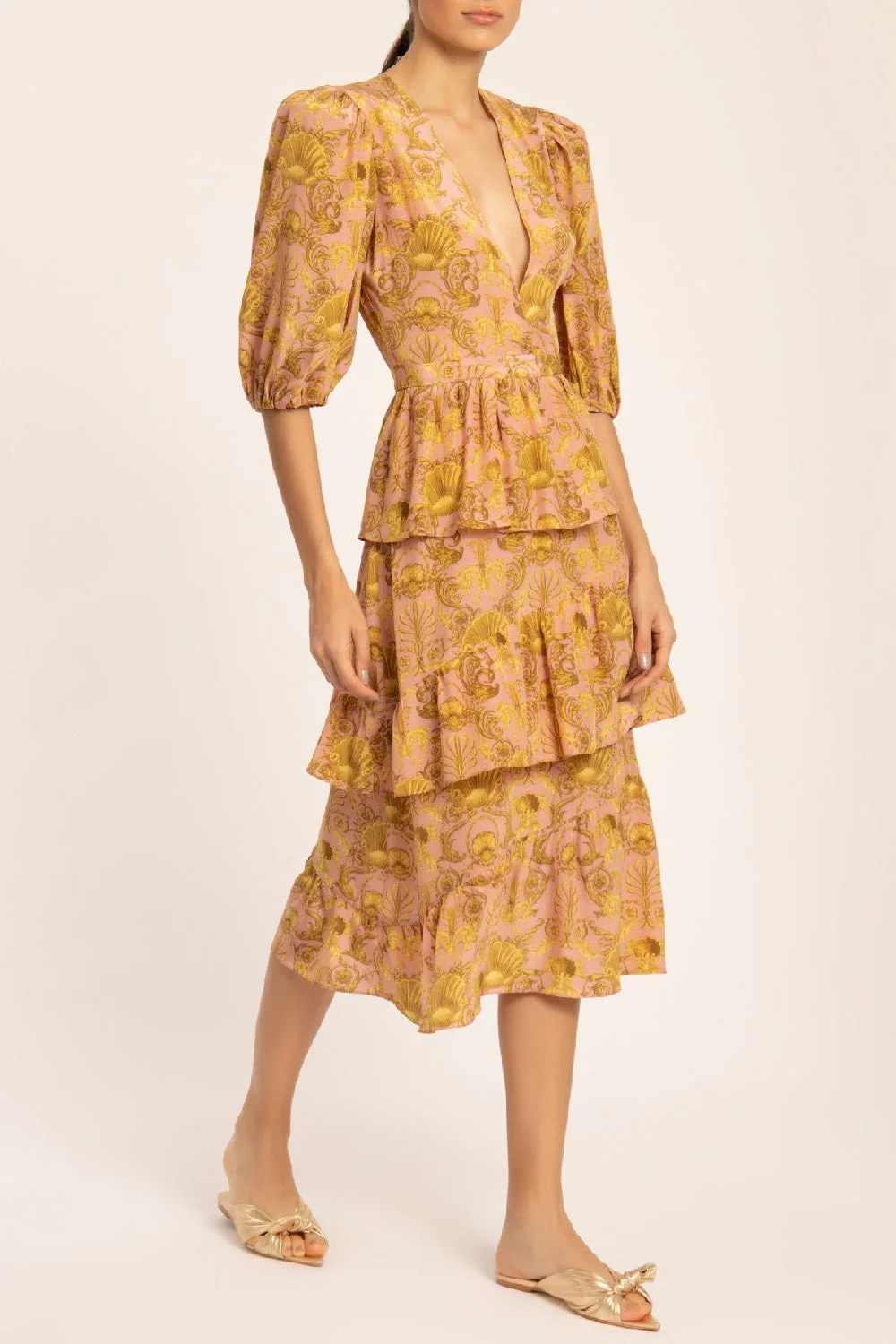 Seashell Puff-sleeved Ruffled Midi Dress - Image 2